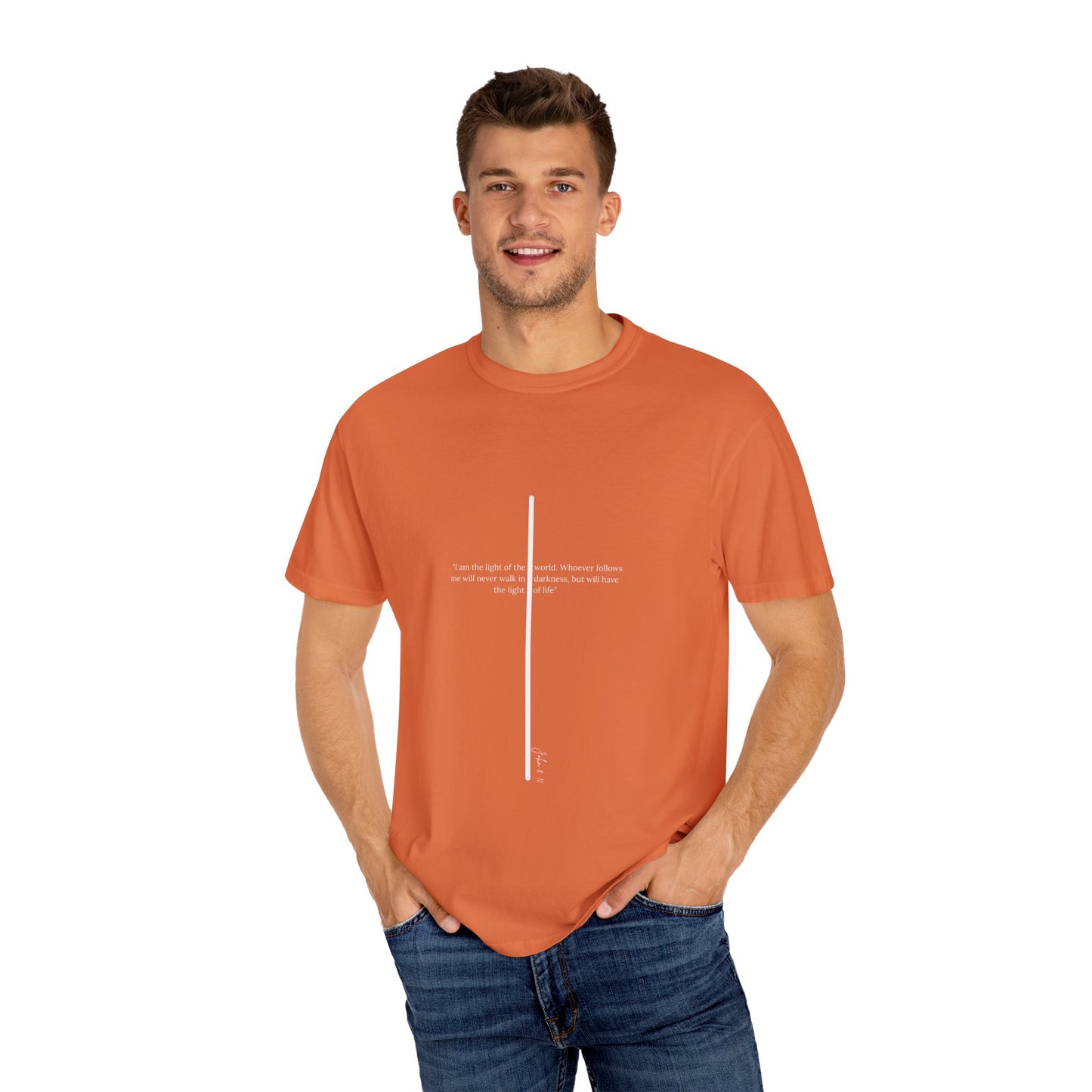 Unisex T Shirt with John 8:12 " I am the Light of the World" creating a cross shape, Witness Wear, Motivational Apparel