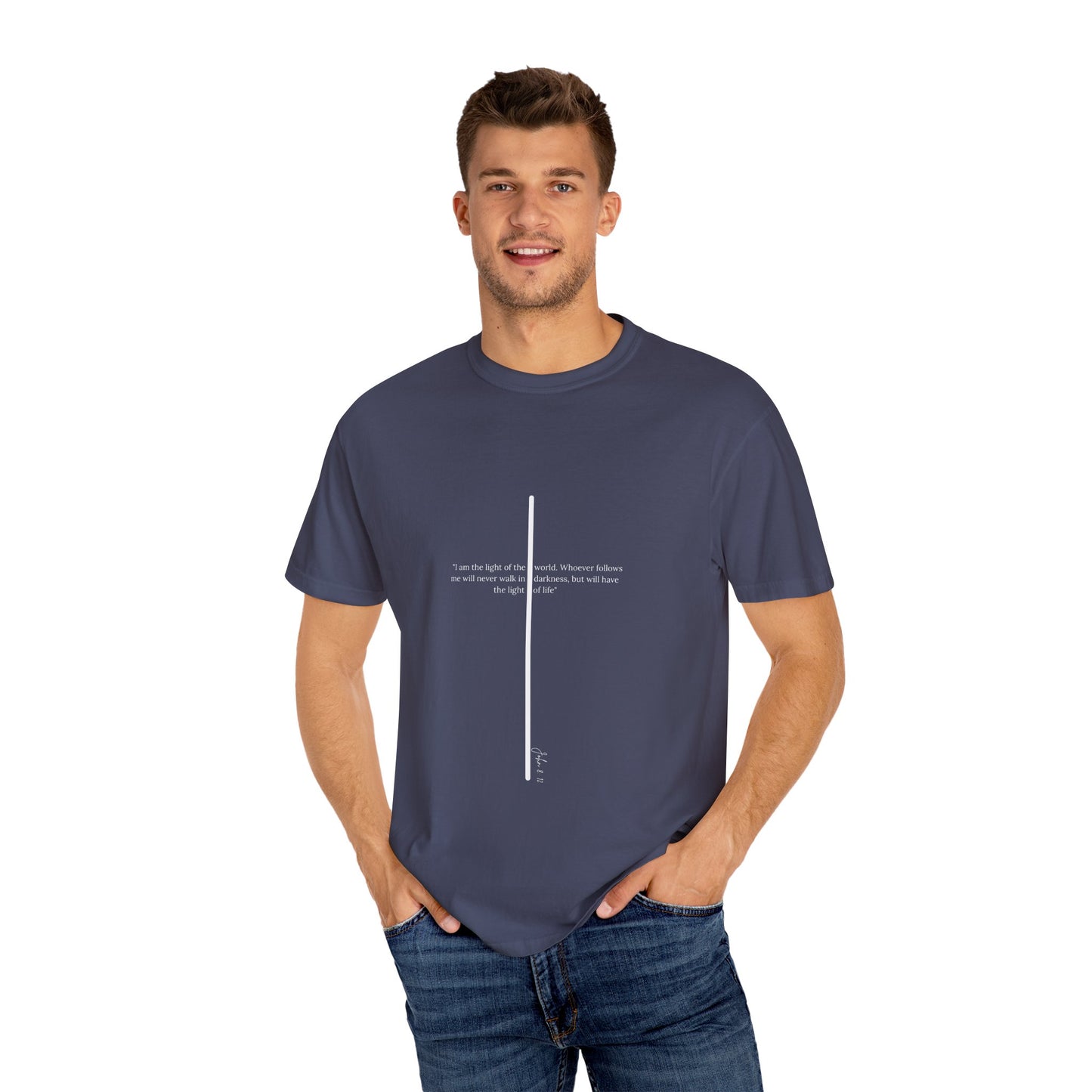 Unisex T Shirt with John 8:12 " I am the Light of the World" creating a cross shape, Witness Wear, Motivational Apparel