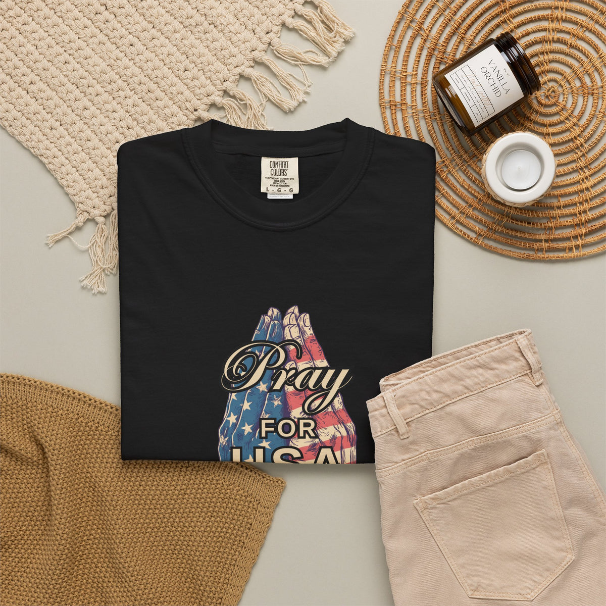 Pray for USA T-Shirt — Patriotic American Flag Praying Hands Tee