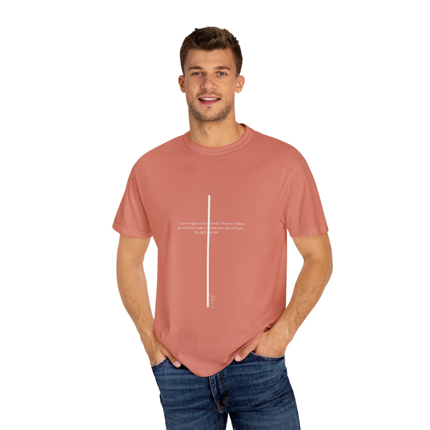 Unisex T Shirt with John 8:12 " I am the Light of the World" creating a cross shape, Witness Wear, Motivational Apparel
