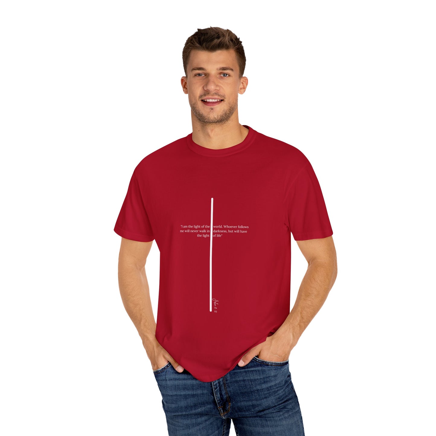 Unisex T Shirt with John 8:12 " I am the Light of the World" creating a cross shape, Witness Wear, Motivational Apparel