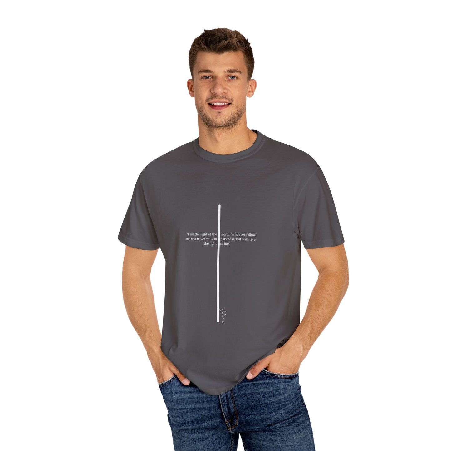 Unisex T Shirt with John 8:12 " I am the Light of the World" creating a cross shape, Witness Wear, Motivational Apparel