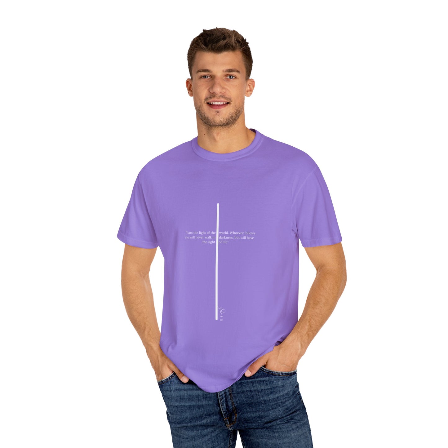 Unisex T Shirt with John 8:12 " I am the Light of the World" creating a cross shape, Witness Wear, Motivational Apparel