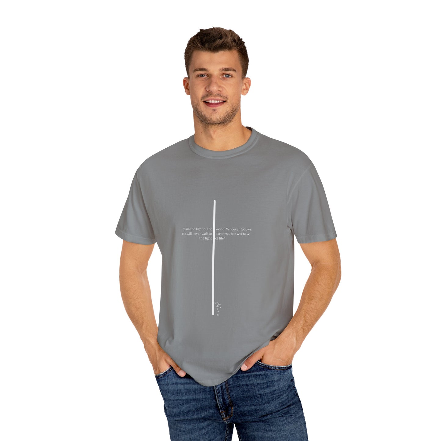 Unisex T Shirt with John 8:12 " I am the Light of the World" creating a cross shape, Witness Wear, Motivational Apparel