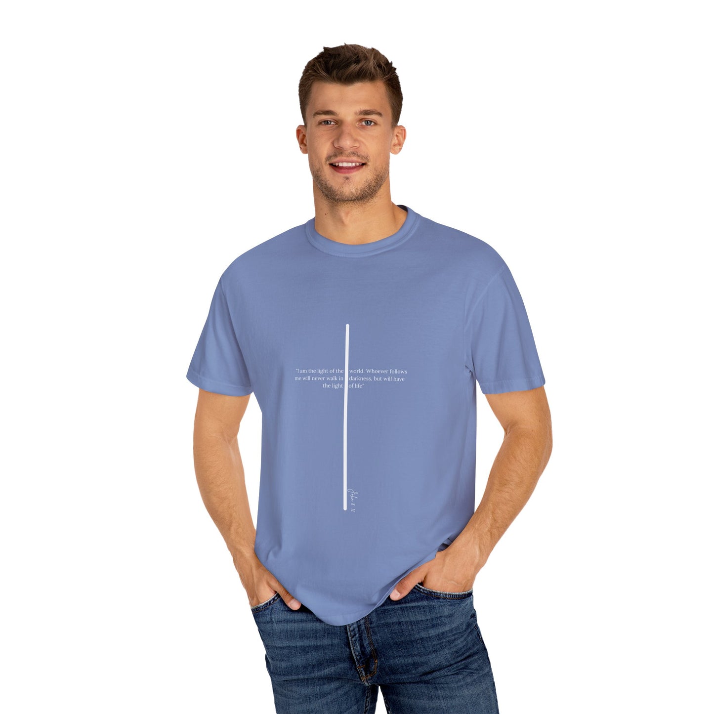 Unisex T Shirt with John 8:12 " I am the Light of the World" creating a cross shape, Witness Wear, Motivational Apparel