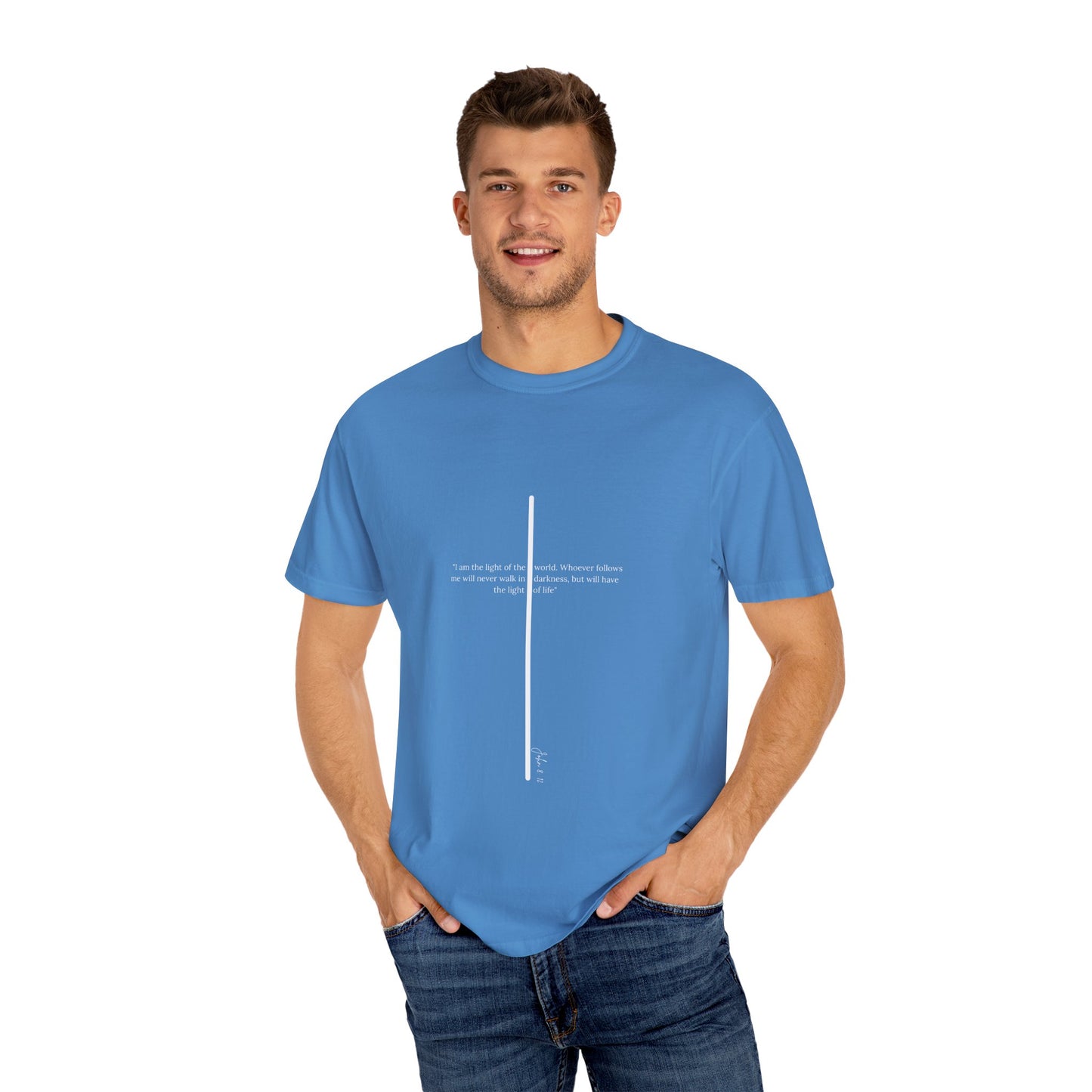 Unisex T Shirt with John 8:12 " I am the Light of the World" creating a cross shape, Witness Wear, Motivational Apparel