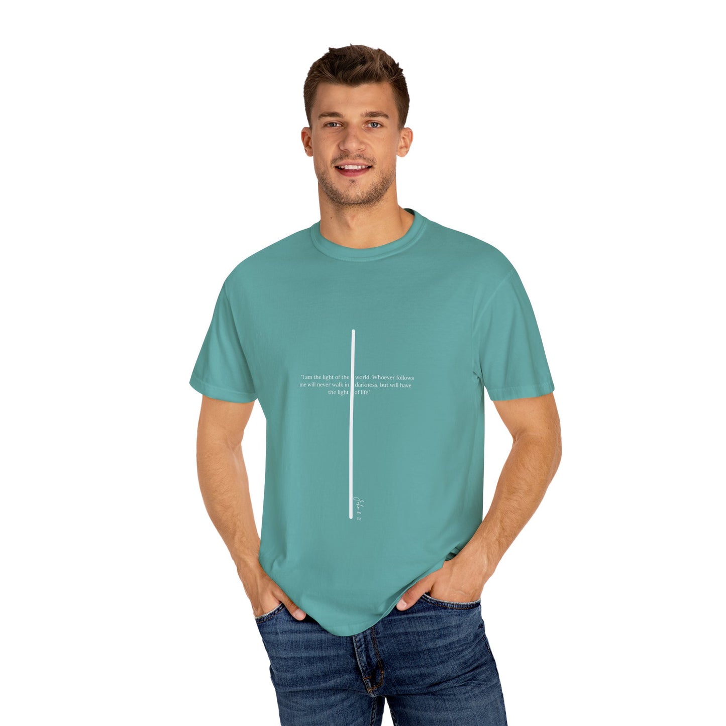 Unisex T Shirt with John 8:12 " I am the Light of the World" creating a cross shape, Witness Wear, Motivational Apparel