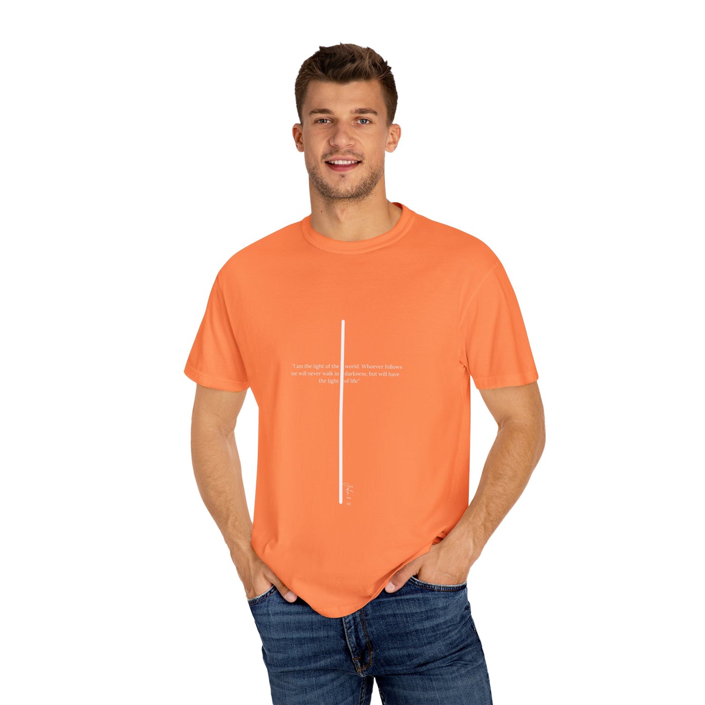 Unisex T Shirt with John 8:12 " I am the Light of the World" creating a cross shape, Witness Wear, Motivational Apparel