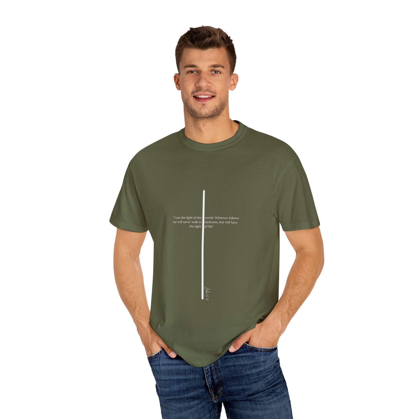 Unisex T Shirt with John 8:12 " I am the Light of the World" creating a cross shape, Witness Wear, Motivational Apparel