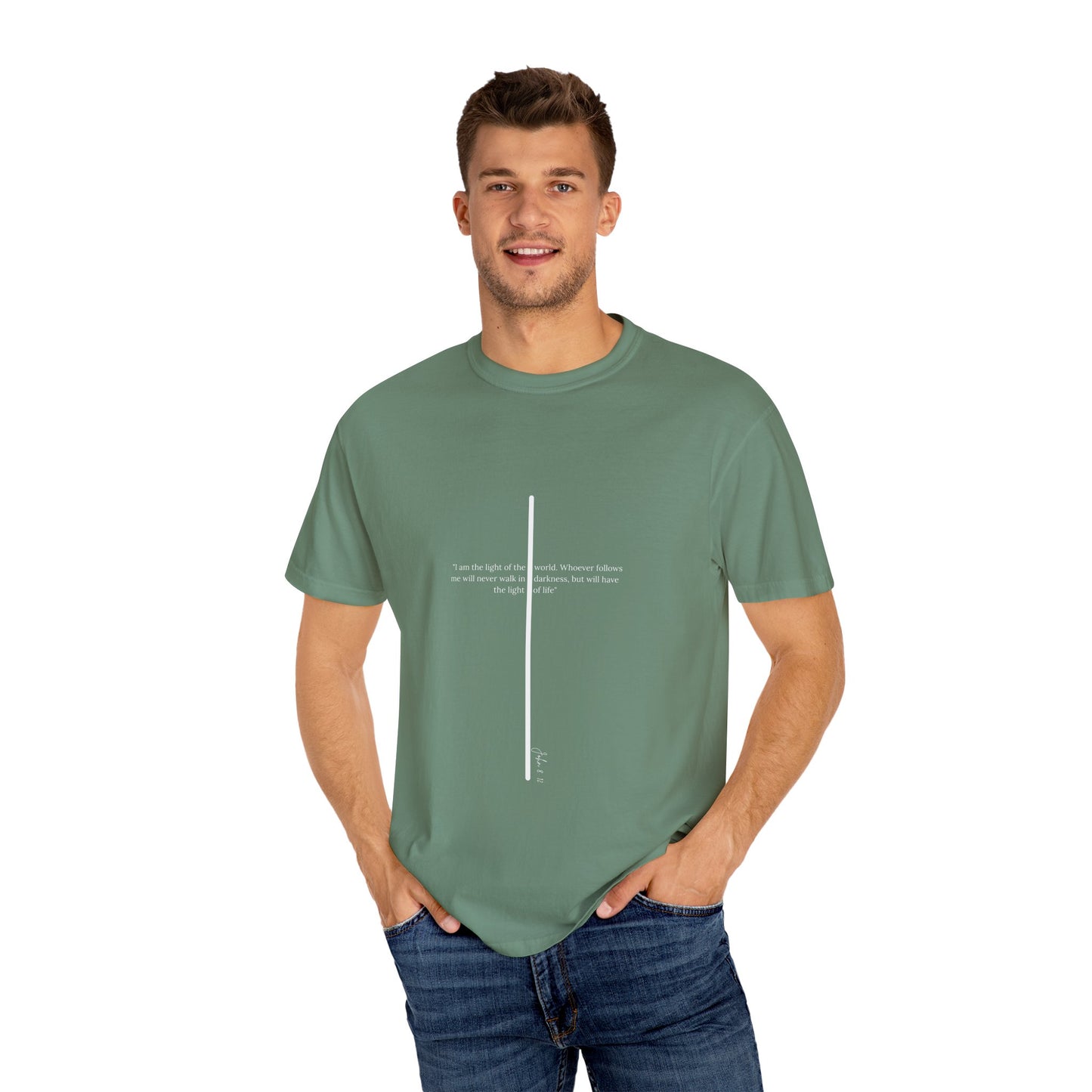 Unisex T Shirt with John 8:12 " I am the Light of the World" creating a cross shape, Witness Wear, Motivational Apparel