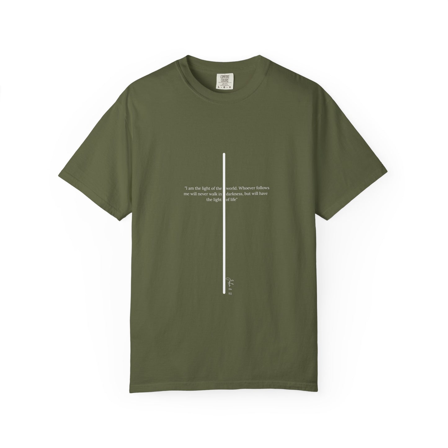 Unisex T Shirt with John 8:12 " I am the Light of the World" creating a cross shape, Witness Wear, Motivational Apparel