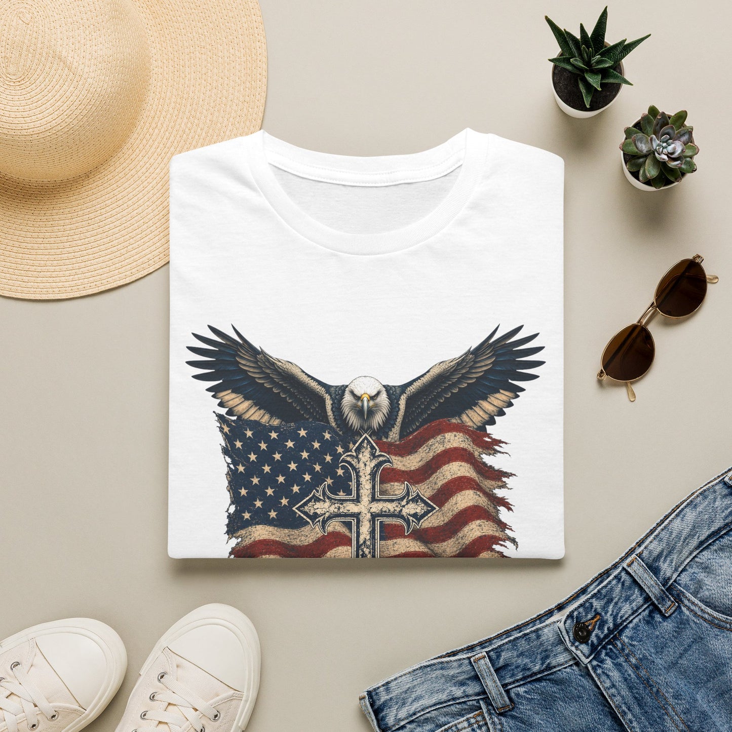 Patriotic Eagle Cross T‑Shirt — American Flag Faith Graphic