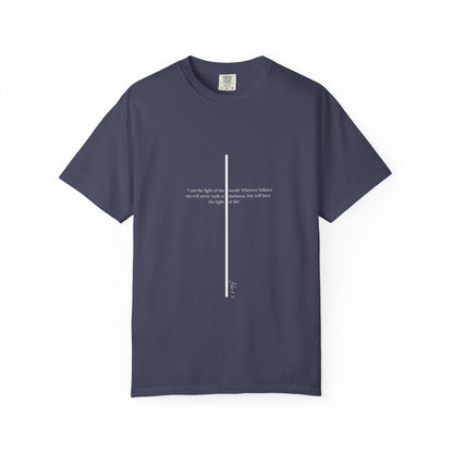 Unisex T Shirt with John 8:12 " I am the Light of the World" creating a cross shape, Witness Wear,  Motivational Apparel