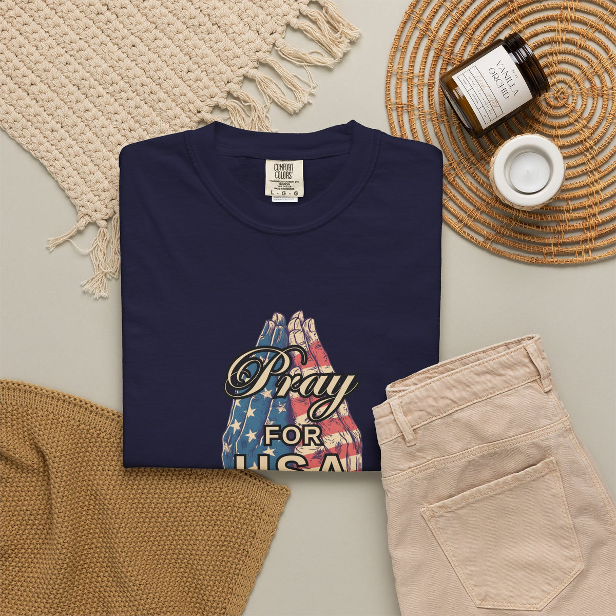 Pray for USA T-Shirt — Patriotic American Flag Praying Hands Tee