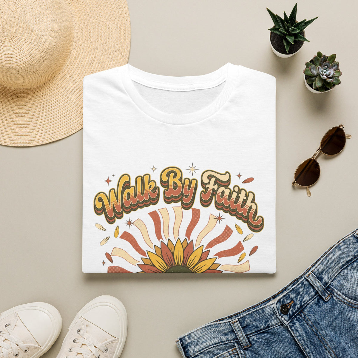 Walk by Faith Christian Sunflower Graphic T-Shirt