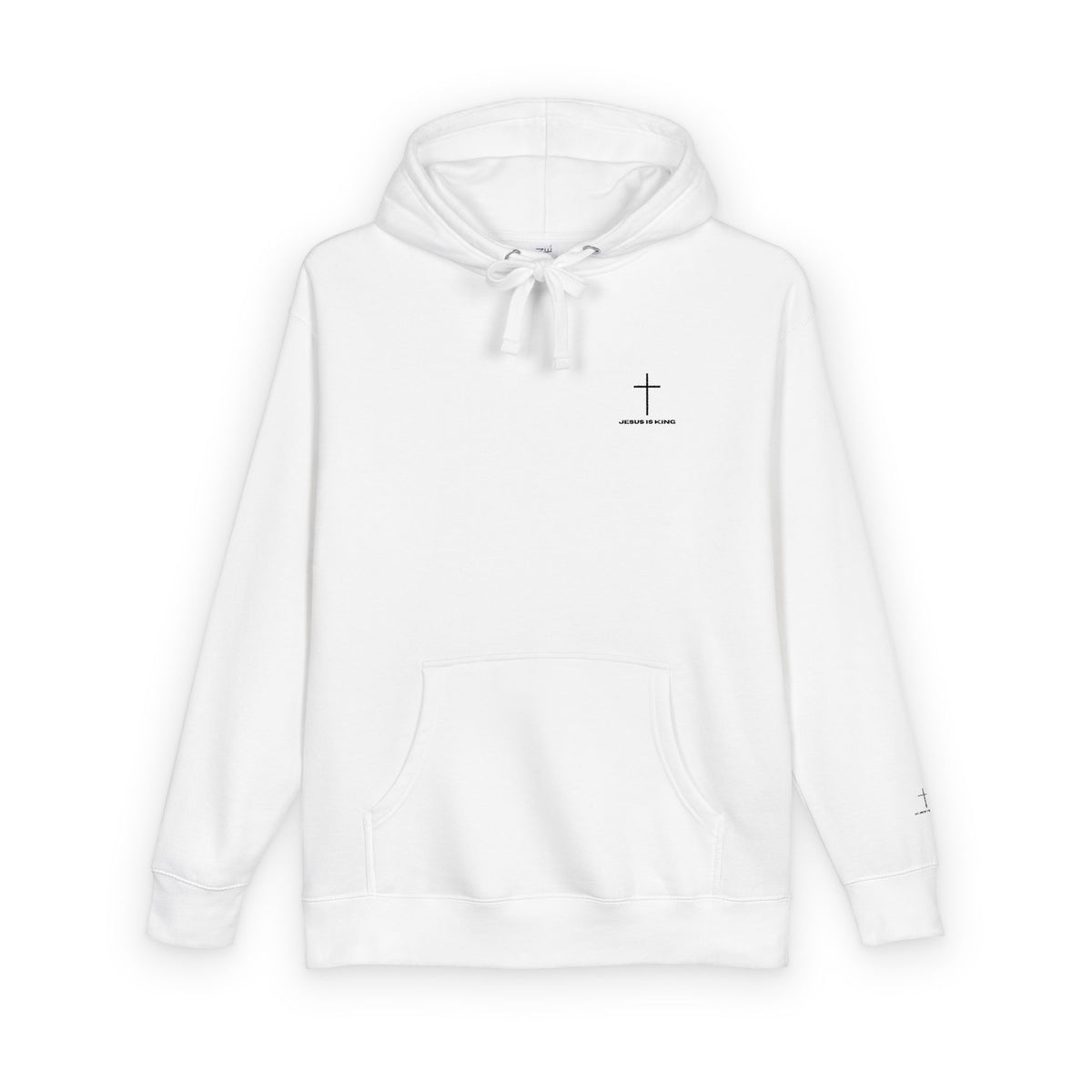 Minimal Cross Hoodie — Small Chest & Sleeve Faith Graphic