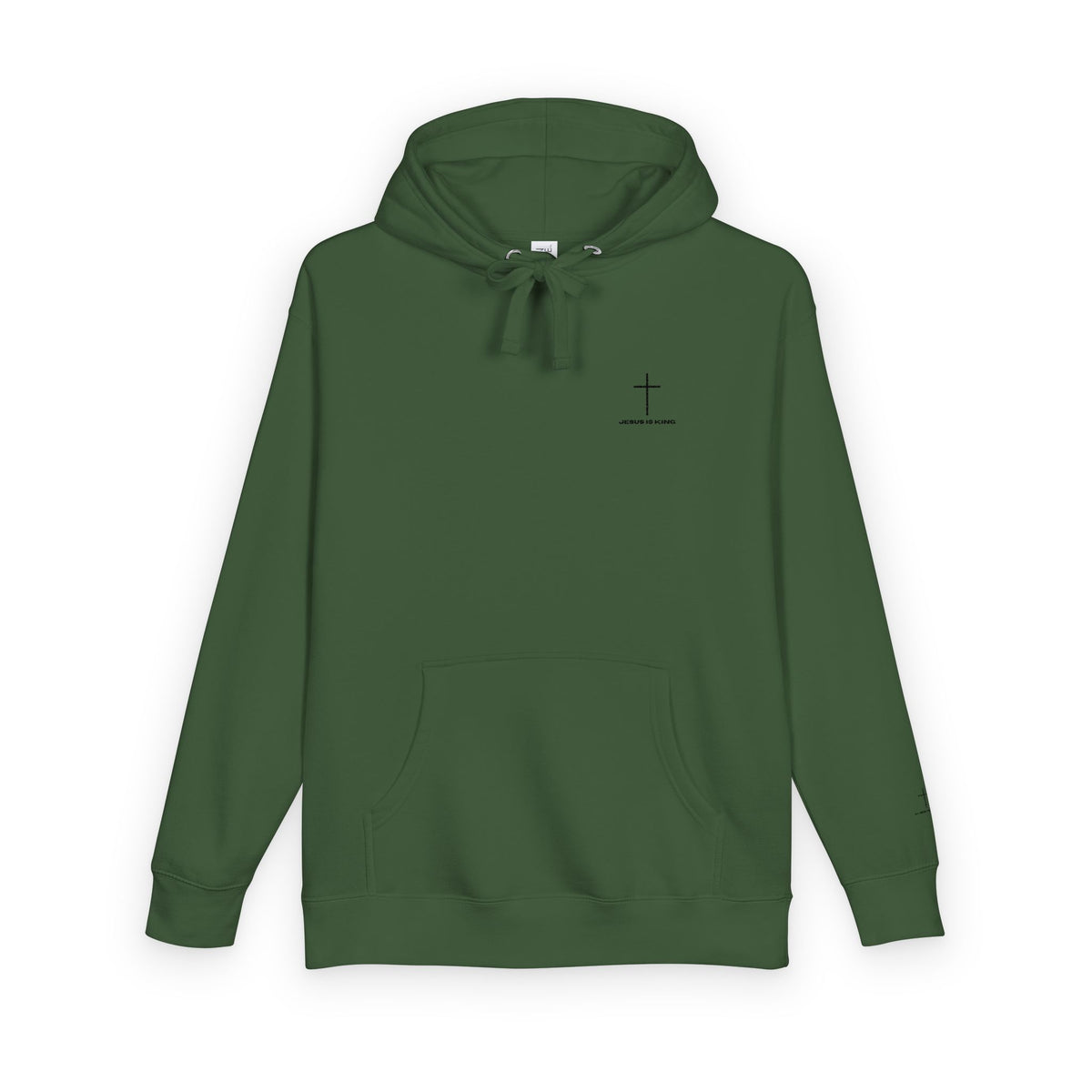 Minimal Cross Hoodie — Small Chest & Sleeve Faith Graphic