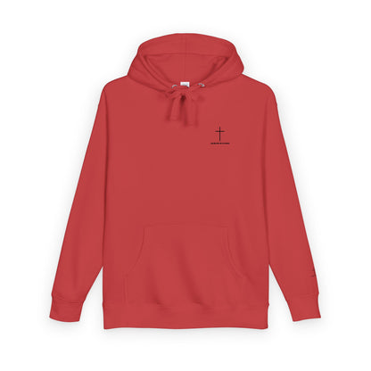 Minimal Cross Hoodie — Small Chest & Sleeve Faith Graphic