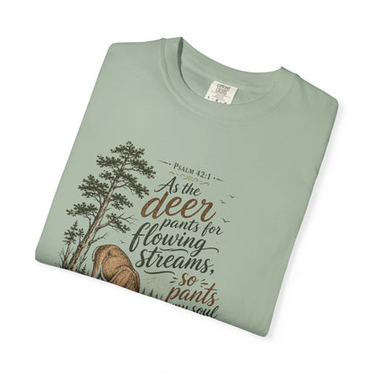 Deer & Psalm 42 Nature T-Shirt — "As the deer pants for flowing streams" Christian Tee