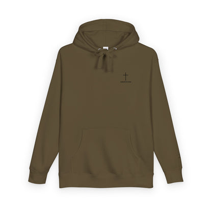 Minimal Cross Hoodie — Small Chest & Sleeve Faith Graphic