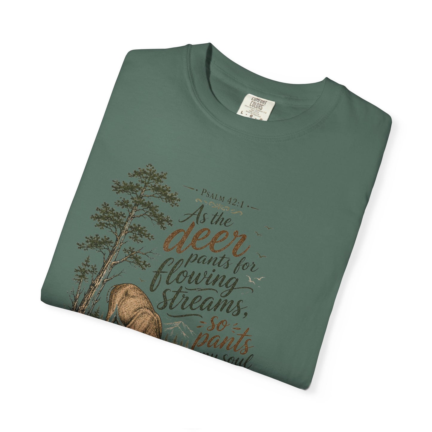 Deer & Psalm 42 Nature T-Shirt — "As the deer pants for flowing streams" Christian Tee