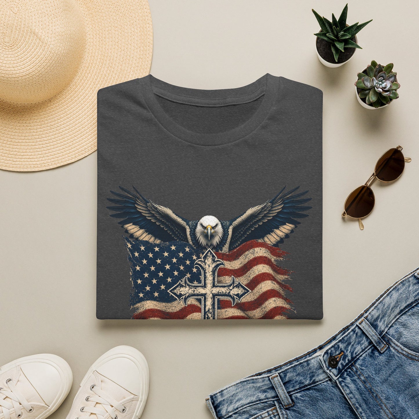 Patriotic Eagle Cross T‑Shirt — American Flag Faith Graphic