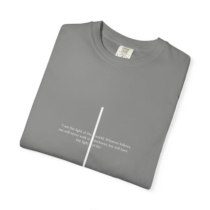 Unisex T Shirt with John 8:12 " I am the Light of the World" creating a cross shape, Witness Wear,  Motivational Apparel