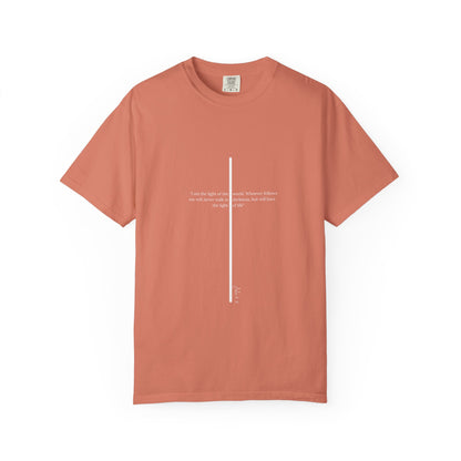 Unisex T Shirt with John 8:12 " I am the Light of the World" creating a cross shape, Witness Wear,  Motivational Apparel