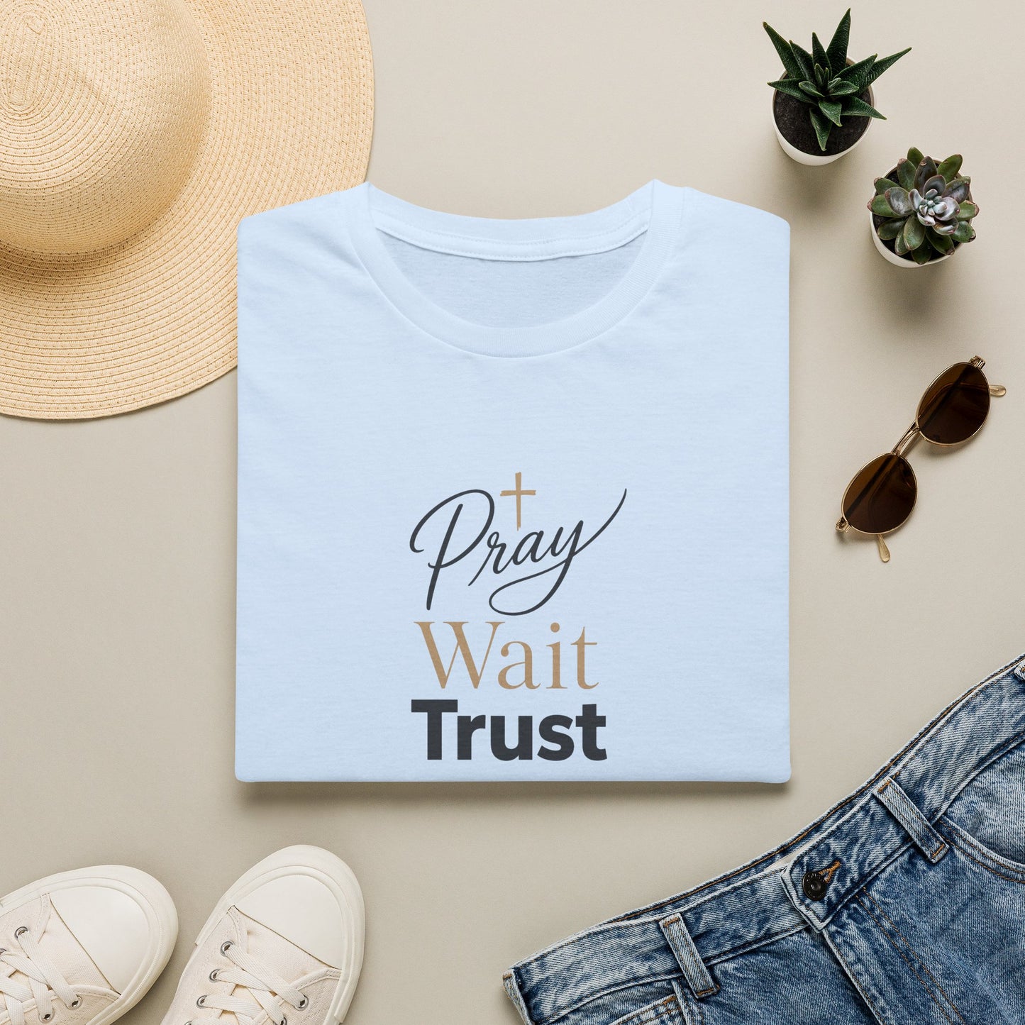 Pray Wait Trust T‑Shirt — Inspirational Christian Faith Tee