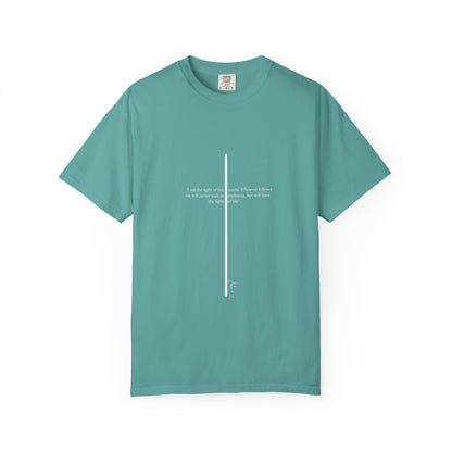 Unisex T Shirt with John 8:12 " I am the Light of the World" creating a cross shape, Witness Wear,  Motivational Apparel