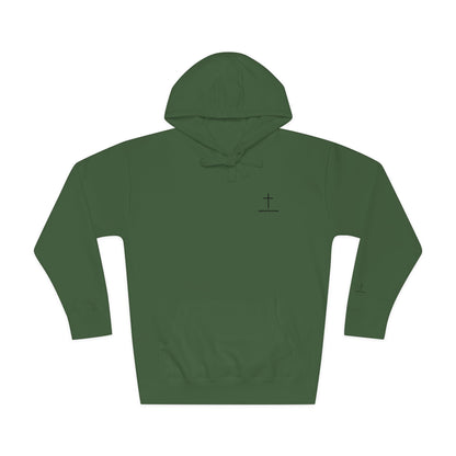 Minimal Cross Hoodie — Small Chest & Sleeve Faith Graphic