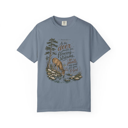 Deer & Psalm 42 Nature T-Shirt — "As the deer pants for flowing streams" Christian Tee