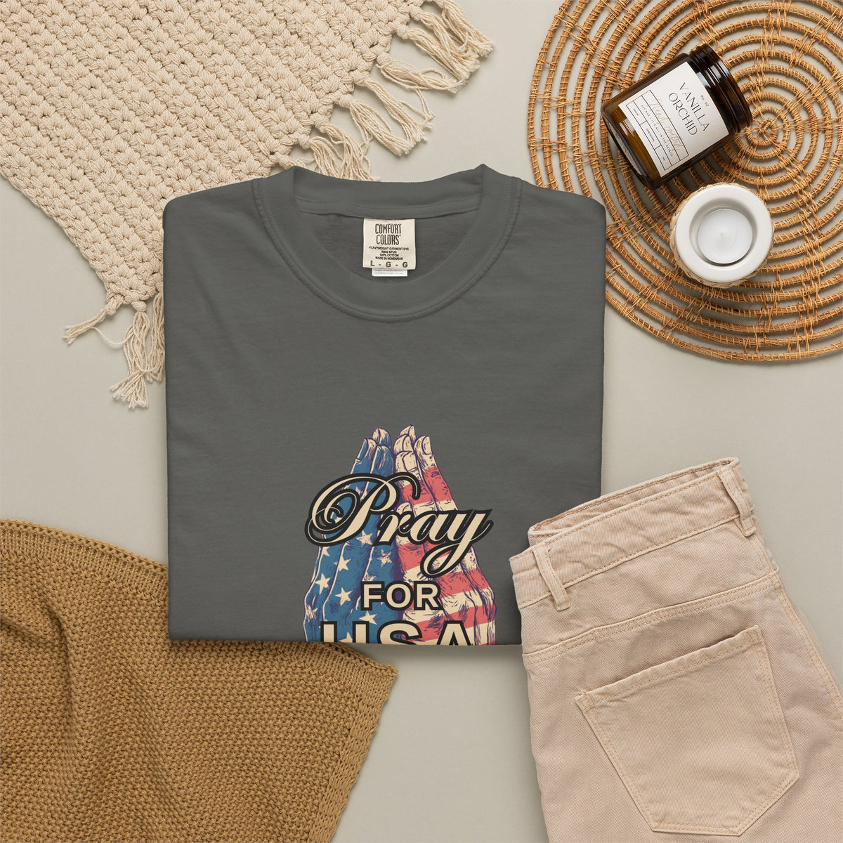 Pray for USA T-Shirt — Patriotic American Flag Praying Hands Tee