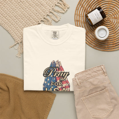 Pray for USA T-Shirt — Patriotic American Flag Praying Hands Tee