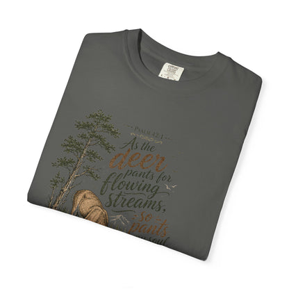 Deer & Psalm 42 Nature T-Shirt — "As the deer pants for flowing streams" Christian Tee