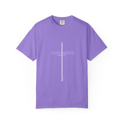 Unisex T Shirt with John 8:12 " I am the Light of the World" creating a cross shape, Witness Wear,  Motivational Apparel
