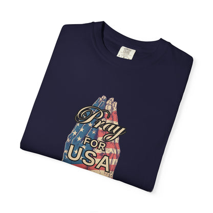 Pray for USA T-Shirt — Patriotic American Flag Praying Hands Tee