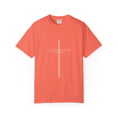Unisex T Shirt with John 8:12 " I am the Light of the World" creating a cross shape, Witness Wear,  Motivational Apparel