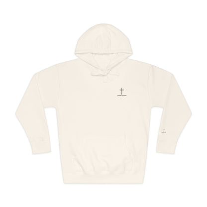 Minimal Cross Hoodie — Small Chest & Sleeve Faith Graphic