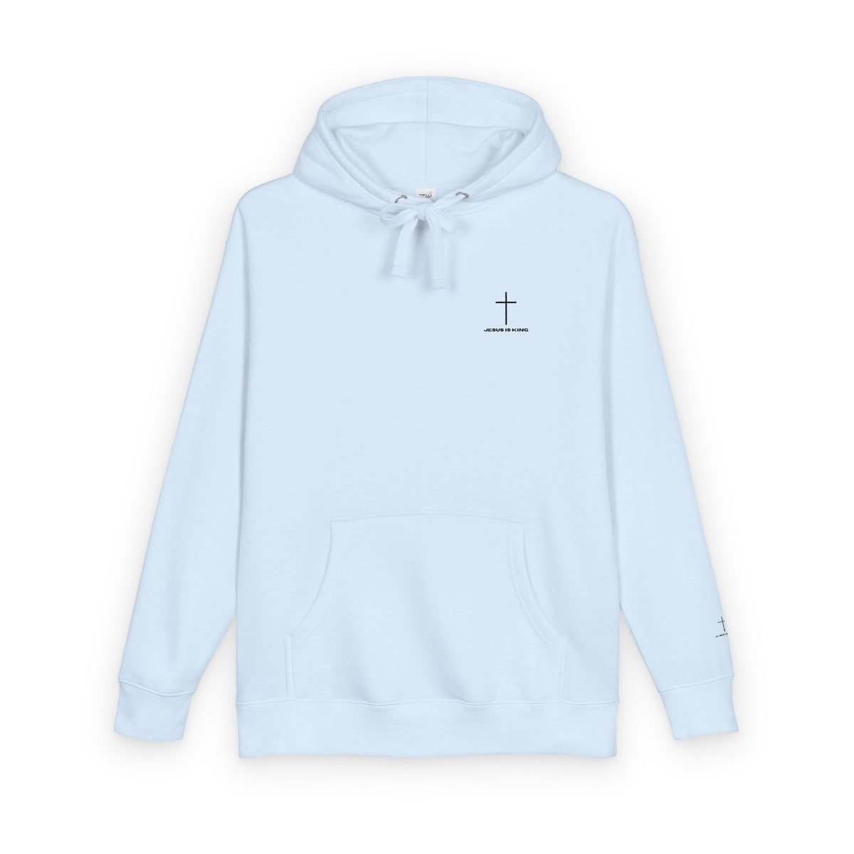 Minimal Cross Hoodie — Small Chest & Sleeve Faith Graphic