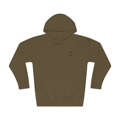 Minimal Cross Hoodie — Small Chest & Sleeve Faith Graphic