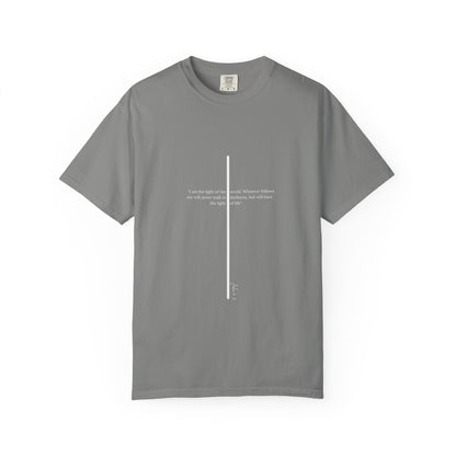 Unisex T Shirt with John 8:12 " I am the Light of the World" creating a cross shape, Witness Wear,  Motivational Apparel
