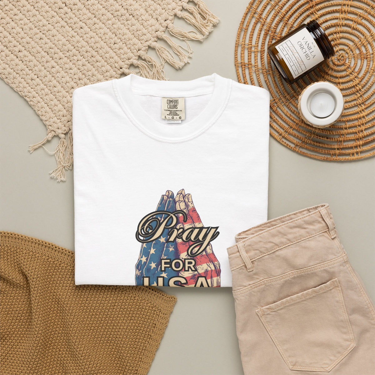 Pray for USA T-Shirt — Patriotic American Flag Praying Hands Tee