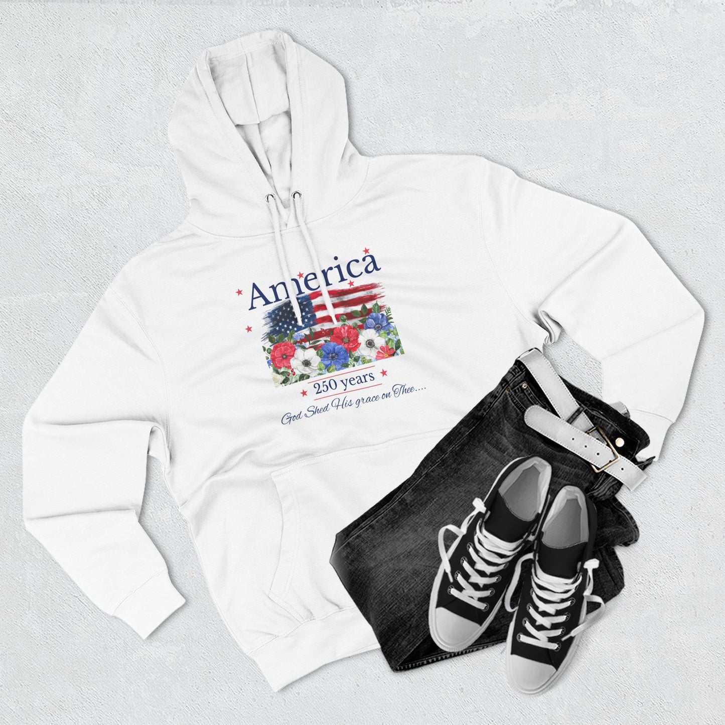 America 250th Anniversary Hoodie – Patriotic Flag & Floral Fleece Pullover