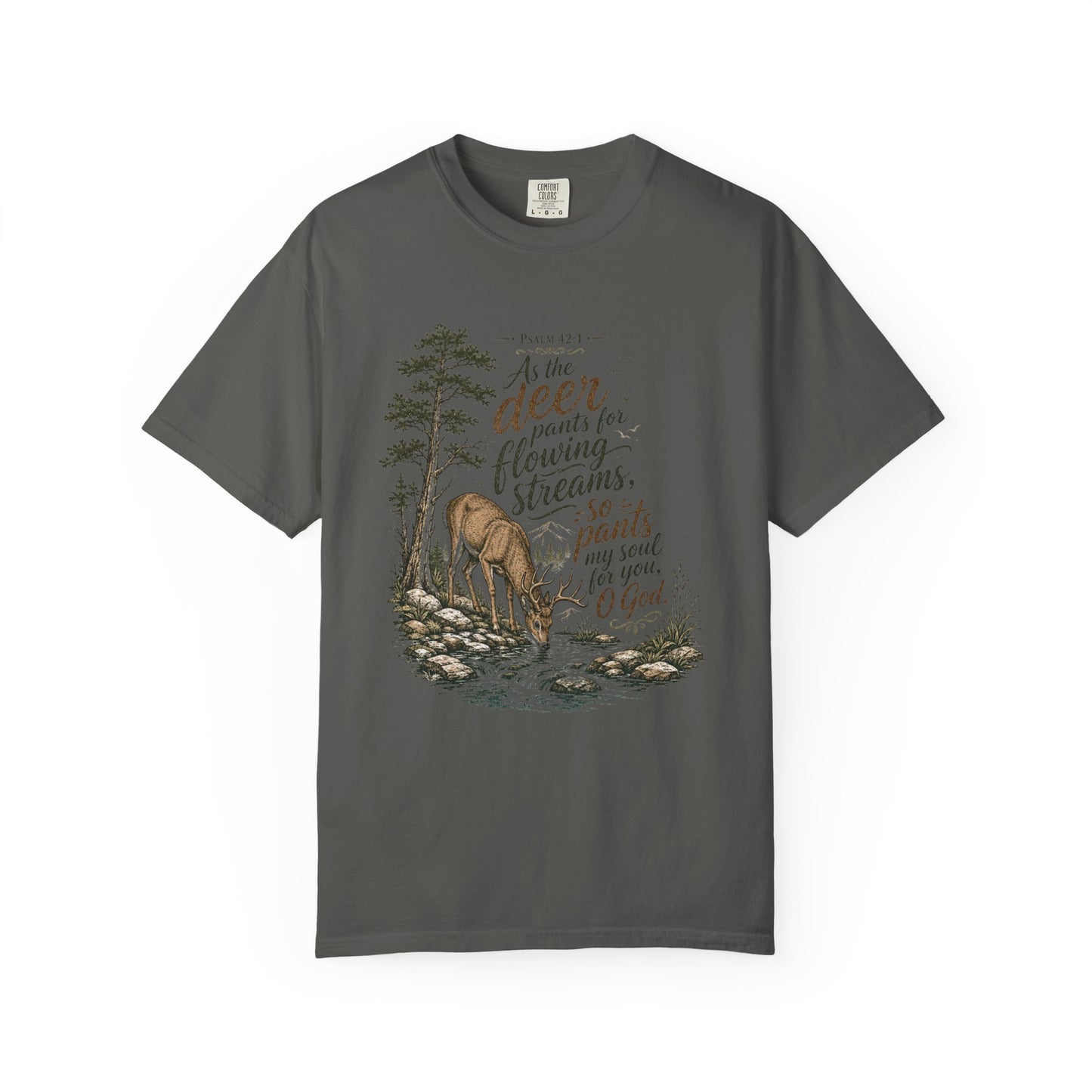 Deer & Psalm 42 Nature T-Shirt — "As the deer pants for flowing streams" Christian Tee