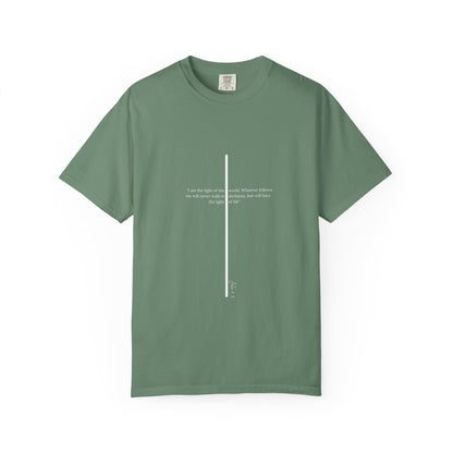 Unisex T Shirt with John 8:12 " I am the Light of the World" creating a cross shape, Witness Wear,  Motivational Apparel
