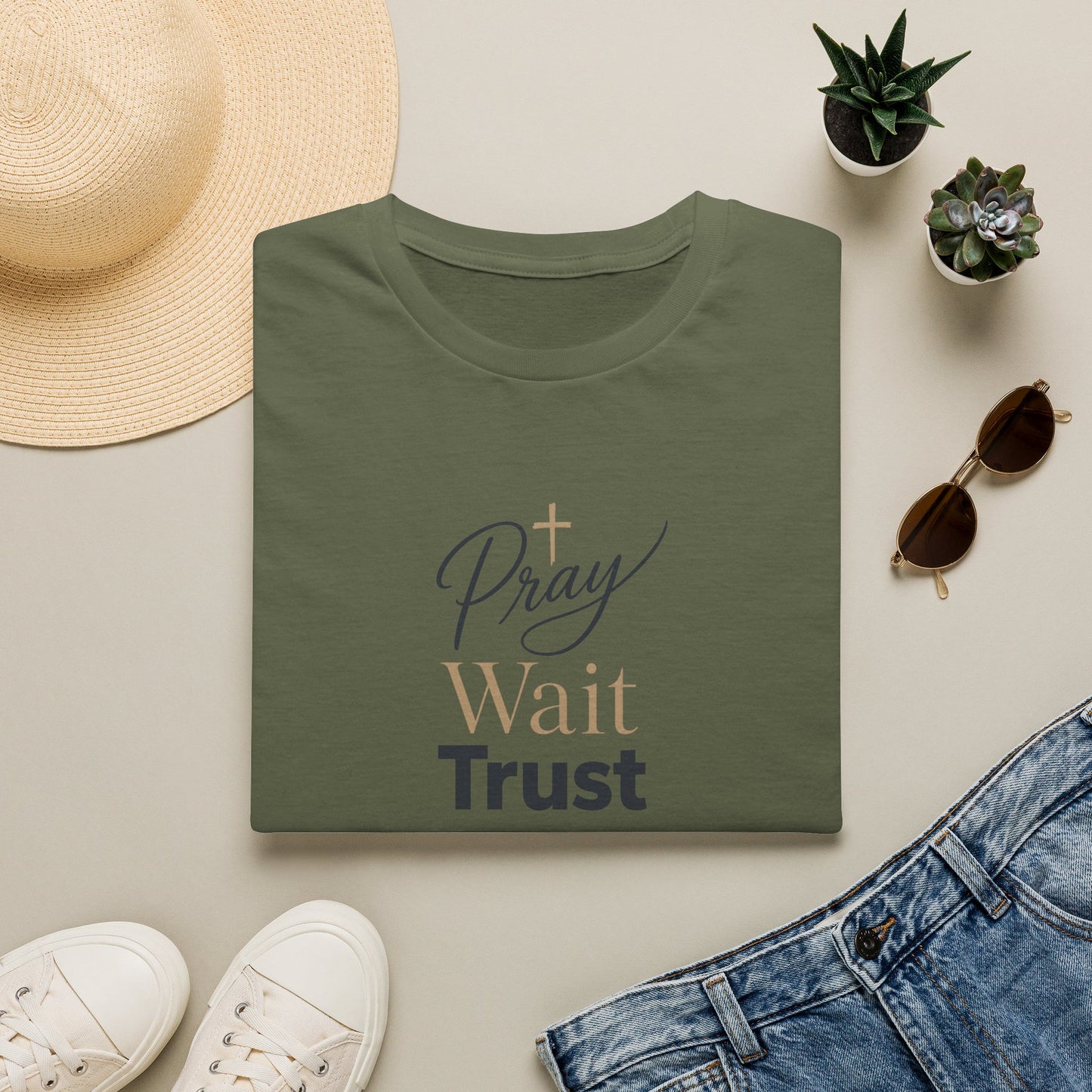 Pray Wait Trust T‑Shirt — Inspirational Christian Faith Tee