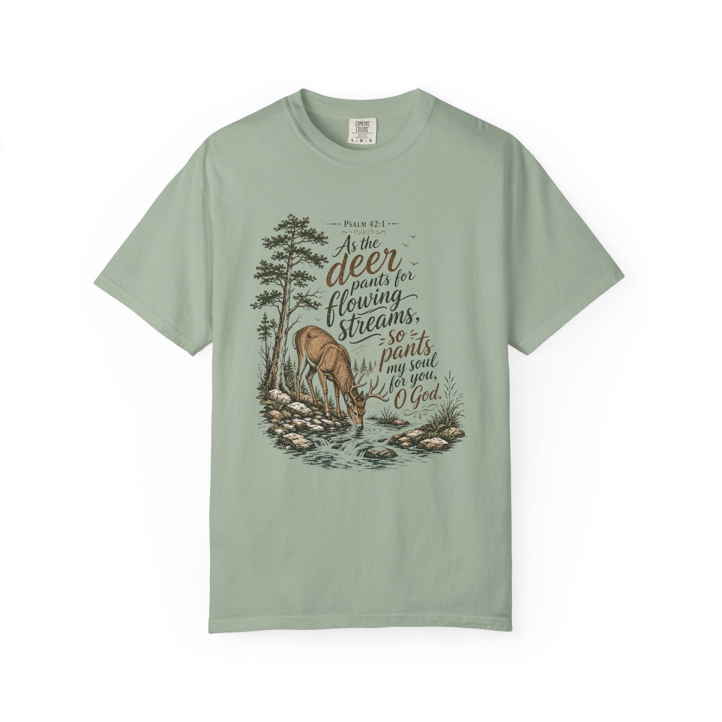Deer & Psalm 42 Nature T-Shirt — "As the deer pants for flowing streams" Christian Tee