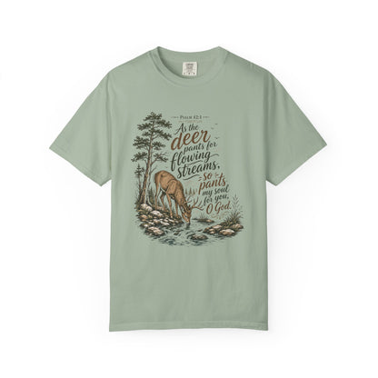 Deer & Psalm 42 Nature T-Shirt — "As the deer pants for flowing streams" Christian Tee