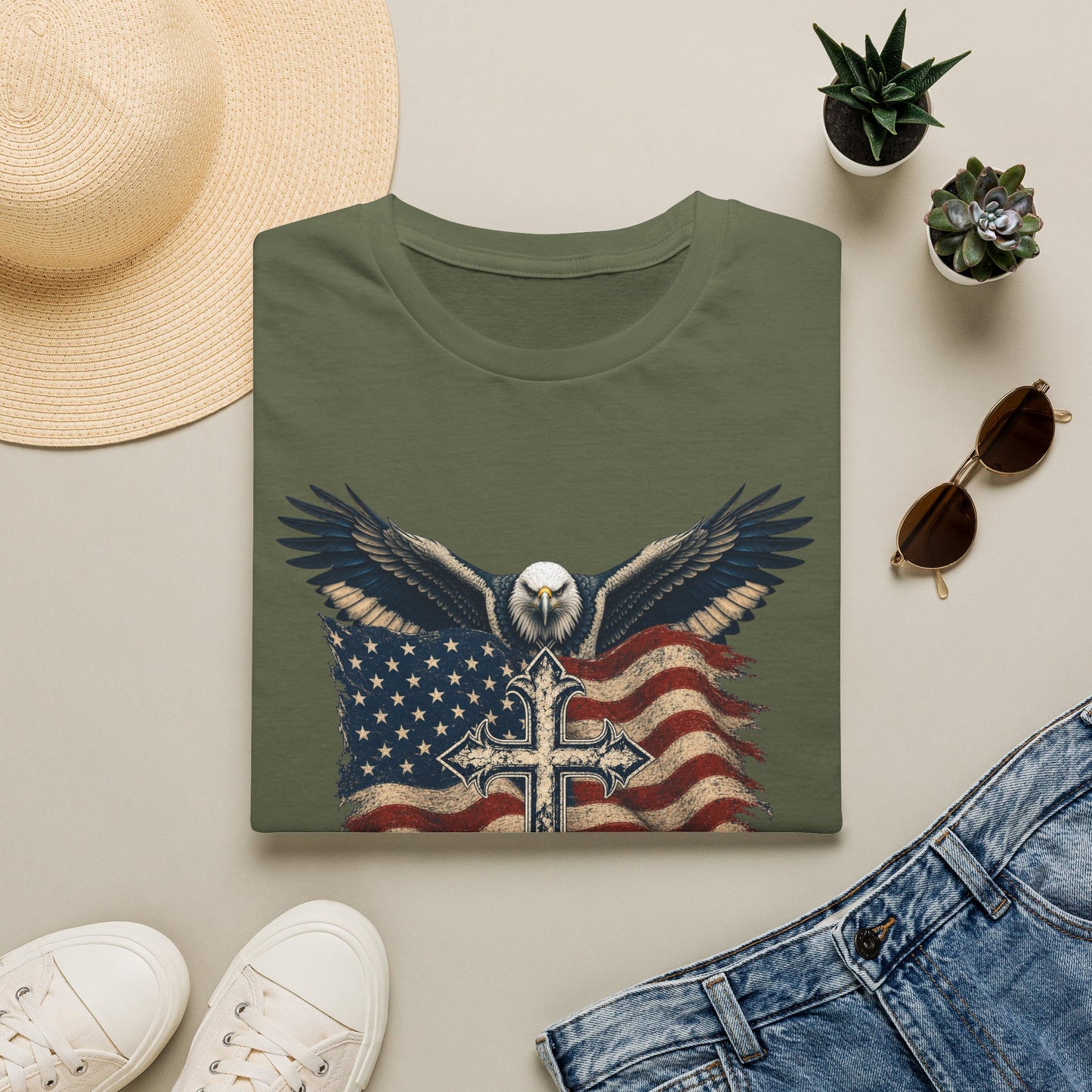 Patriotic Eagle Cross T‑Shirt — American Flag Faith Graphic